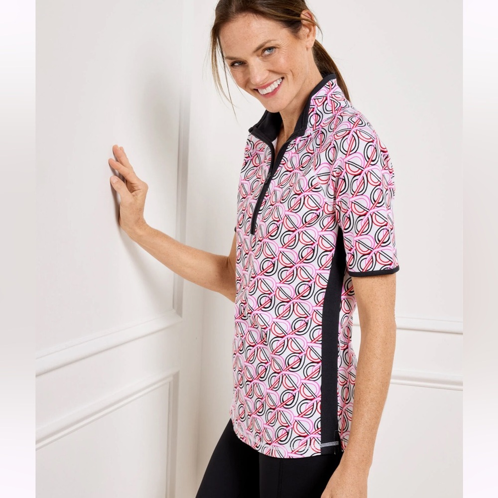 TALBOTS UPF 50+ PIQUÉ HALF ZIP POLO INTERLACING LOOPS PETITE S & M NWT